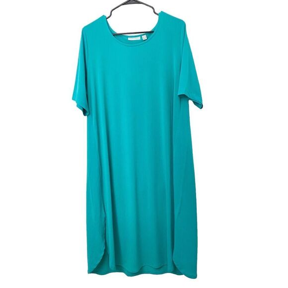 Susan Graver Regular Liquid Knit Elbow Sleeve Dress Teal Brilliant Jade Sz 1X - Picture 1 of 11